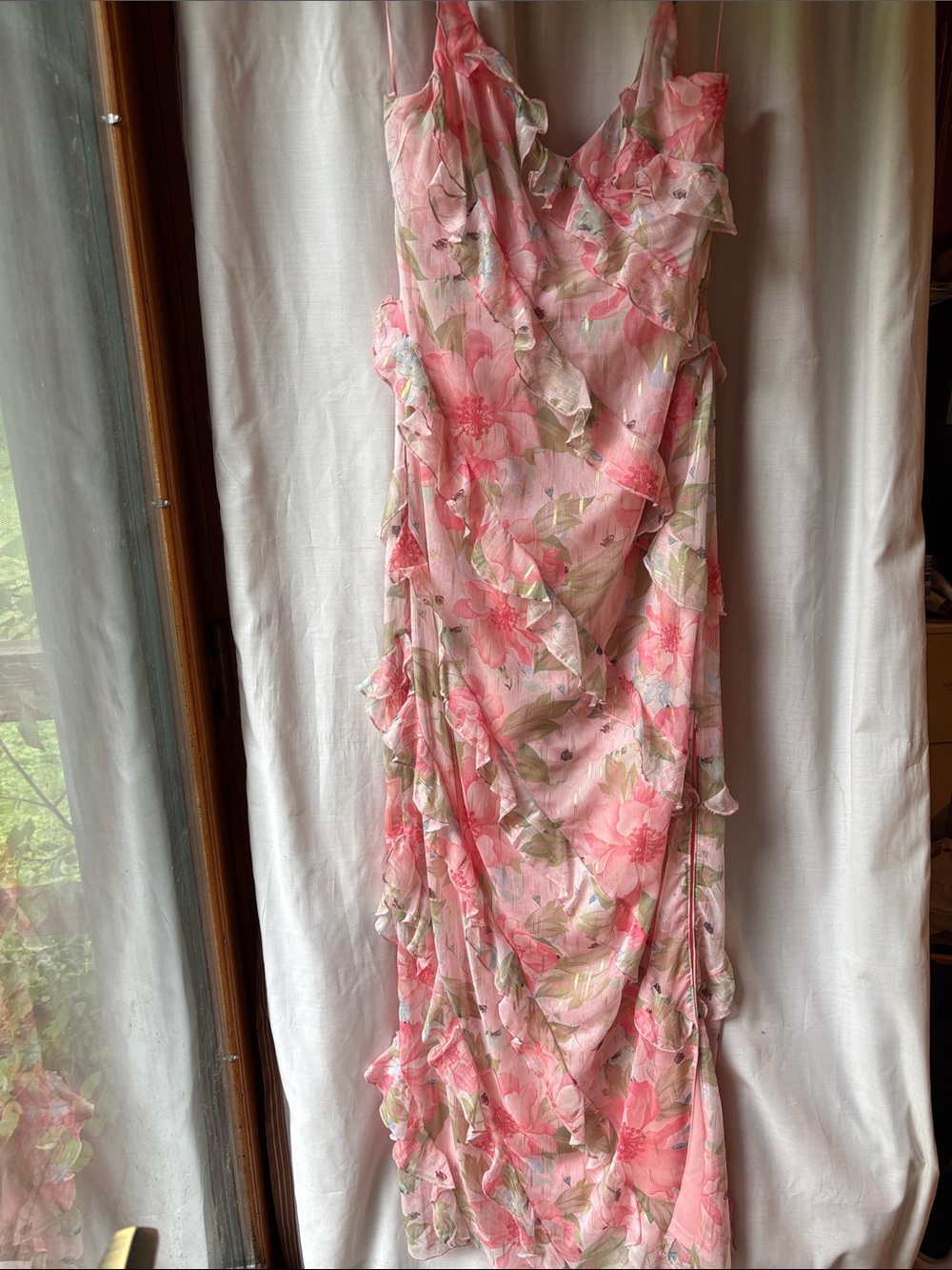 Pink Floral Ruffle Maxi Dress with Adjustable Straps